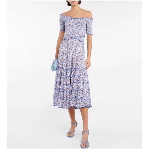 NWT Poupette St Barth Soledad Off Shoulder Smocked Midi Dress Blue Floral - Picture 11 of 11